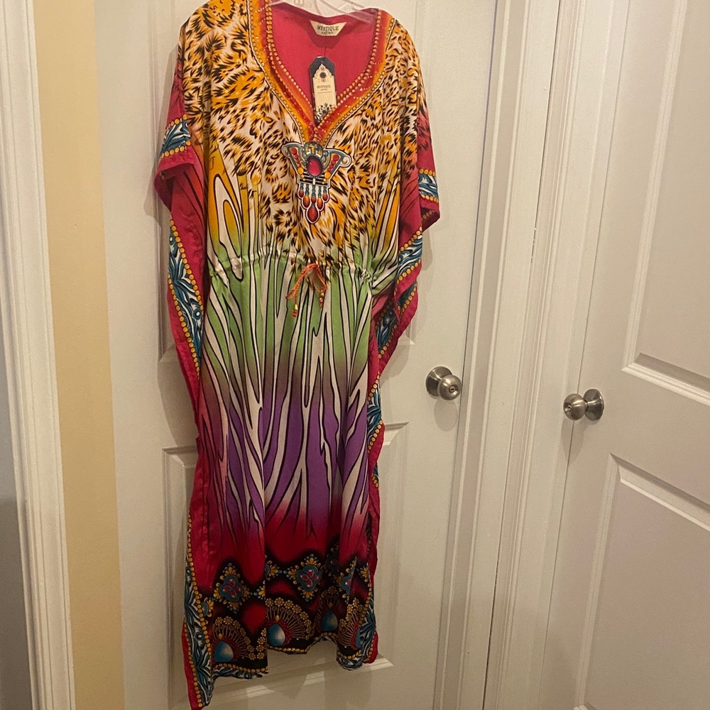 NWT Mystique Boutique Multicolor Maxi Kaftan — Pink, Yellow, Green & Purple
